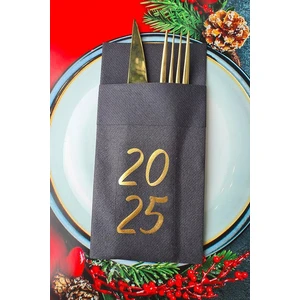 Kumaş Dokulu Siyah Peçete Gold Varak 2026 Yazılı Yılbaşı Sofrası - Yeni Yıl Peçetesi