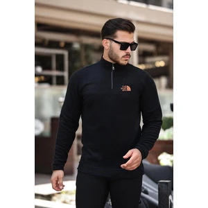 Siyah Unisex Nakışlı Dik Yaka Yarım Fermuarlı Polar Sweatshirt- 2321