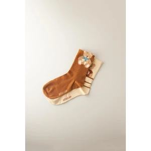 Kadın Teddy Bear Desenli 2'li Soket Çorap Ekru- Kahverengi