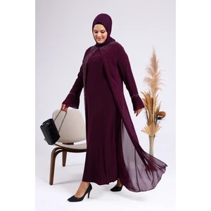 Kadın Büyük Beden Taşlı ve Inci Desenli Kolları Piliseli Anne Tesettür Abiye Takım
