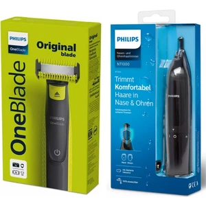 QP2824/10 Oneblade Yüz/vücut Şekillendirici, NT1650 Burun/kulak Kıl, Tüy Temizleme 2'li Avantaj Set