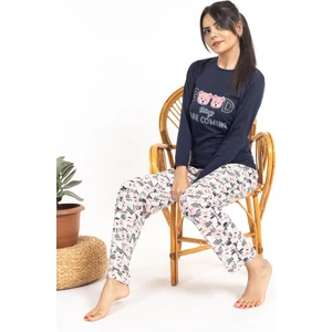 Kadın 2826 Uzun Kol Desenli Pijama Takımı Lacivert