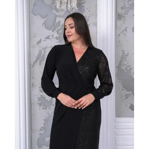 Zishan Fashion Tek Taraf Payetli Uzun Kollu Yırtmaç Detaylı Midi Boy Büyük Beden Kadın Abiye Elbise 017