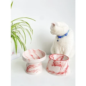 Seramik Kedi ve Köpek Mama Su Kabı (Kırmızı Beyaz & Colorful Moon Kırmız Çizgili - Ebru Desen- 2'li)