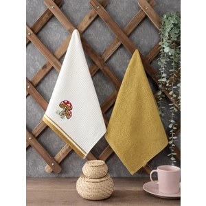 2'li Mutfak Havlusu -  Pamuk - Mantar Nakışlı Kurulama Bezi - 40 x 60  cm  - Hardal & Ekru Mutfak Havlu Seti