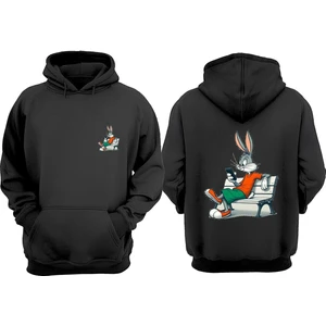 The Wert Unisex Oturan Bugs Bunny Tasarım Ön Arka Baskılı Normal Kalıp Siyah Sweatshirt