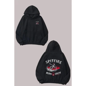 The Wert Unisex Spıtfıre Burn Crew Tasarım Ön Arka Baskılı Normal Kalıp Siyah Sweatshirt