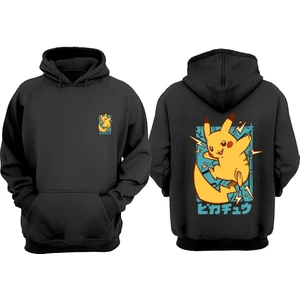 The Wert Unisex Anime Pikacu Tasarım Ön Arka Baskılı Normal Kalıp Siyah Sweatshirt