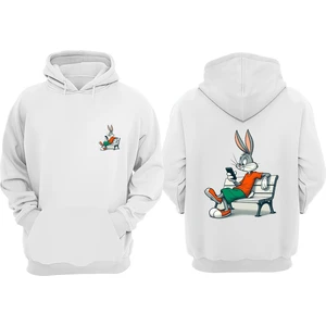 The Wert Unisex Oturan Bugs Bunny Tasarım Ön Arka Baskılı Normal Kalıp Beyaz Sweatshirt