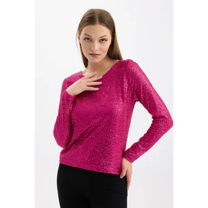 Içi Astarlı Pul Payet Abiye Bluz | BLZ35497 Fuşya