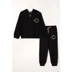 Yazı Baskılı Kapüşonlu  Siyah Renk  Fermuarlı Erkek Çocuk Eşofman Takım