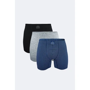 Erkek Siyah Gri Desenli 3 Lü Pamuk Elastan Uzun Boxer 3M073