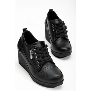 Kadın Dolgu Topuklu Ayakkabı Siyah Fermuarlı Bağcıklı Cilt