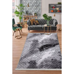 Diji Dekor Halı Antrasit  Karo Yıkanabilir Saçaklı Kesme Ince Yolluk Kilim Salon Halısı Modeli