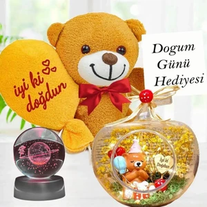 Doğum Günü Hediyesi Işıklı Teraryum & Iyiki Doğdun Balonlu Ayıcık & Satürn Kız Işıklı Cam Küre