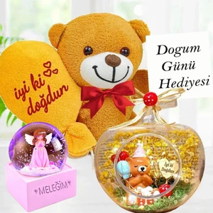 Doğum Günü Hediyesi Işıklı Teraryum & Iyiki Doğdun Balonlu Ayıcık & Meleğim Işıklı Kar Küresi