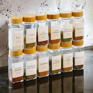 12'li Baharat Kavanozu Bambu Kapaklı Kavanoz Serpme Başlıklı Çeyizlik Baharatlık Türkçe Etiketli
