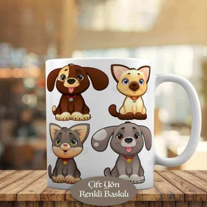 Gülümseyen Minik Kedi Köpek Dostluğu Kupa Bardak Hediyelik-1196-45