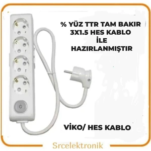 Multi-Let 4'Lü  Hes Kablo (1 Ile 10 Metre Arası) Anahtarlı Topraklı Çocuk Korumalı Uzatma ( 3X1.5 Hes Kablo Tam Bakır) Ttr Kablo Tseli Ho5Vv-F