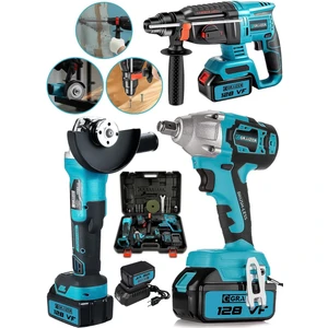Alman 128 V Profesyonel 3'lü Set Kırıcı Delici Somun Sıkma Taşlama Makinesi 2 Akülü Kömürsüz Motor