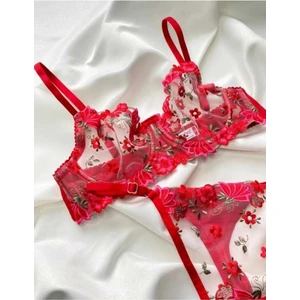 Arona Çiçekli Dantelli Kırmızı Sütyen Takımı /iç Çamaşır Takımı