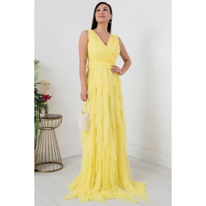 Kruvaze Fırfırlı Uzun Abiye Elbise 13360