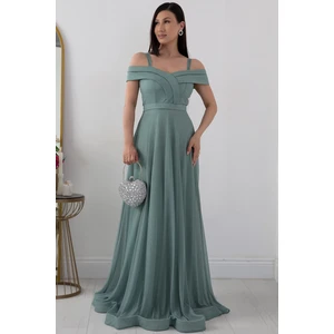 Askılı Simli Tül Uzun Abiye Elbise 13278