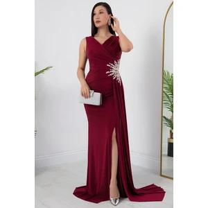 Beli Taşlı Yırtmaçlı Abiye Elbise ECR5301