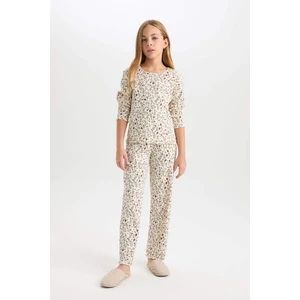 Kız Çocuk Pijama Takımı Çiçekli Bisiklet Yaka Uzun Kollu Üst Uzun Alt D6052A824AU