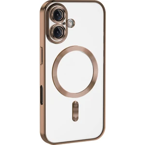 Case World Apple iPhone 16 Plus Mag Safe Özellikli Lens Korumalı Logo Gösteren Şeffaf Luxury Silikon Kılıf - Bej Gold