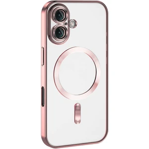 Case World Apple iPhone 16 Plus Mag Safe Özellikli Lens Korumalı Logo Gösteren Şeffaf Luxury Silikon Kılıf - Rose Gold