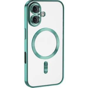 Case World Apple iPhone 16 Plus Mag Safe Özellikli Lens Korumalı Logo Gösteren Şeffaf Luxury Silikon Kılıf -Yeşil