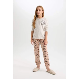 Kız Çocuk Pijama Takım Baskılı Uzun Kollu Üst Desenli Beli Lastikli Uzun Alt D7744A824WN