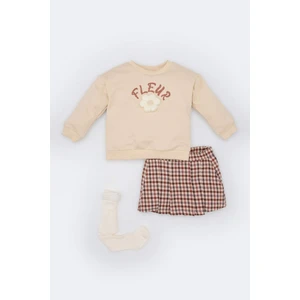 Kız Bebek 3'lü Takım Baskılı Sweatshirt Beli Lastikli Kareli Etek Çorap D5545A524WN