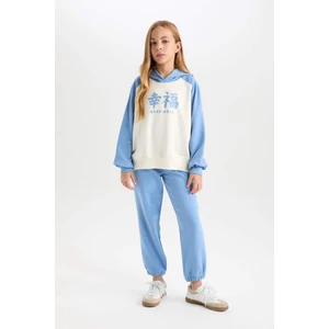 Kız Çocuk 2'li Takım Kapüşonlu Baskılı Sweatshirt Beli Lastikli Eşofman Altı D4065A824WN