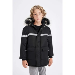 Erkek Çocuk Çıkarılabilir Suni Kürk Yaka Kapüşonlu Pelüş Astar Parka C8786A824WN