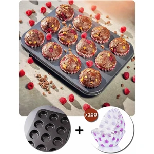 12'li Muffin Kek Kalıbı ve 100 Adet Renkli , Cupcake , Browni , Kek Kağıdı Kalıbı