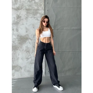 Swet Shop Jeans Kadın Siyah Enzim Yıkama Renk Yüksek Bel Skater Fit Bol Kesim Baggy Denim