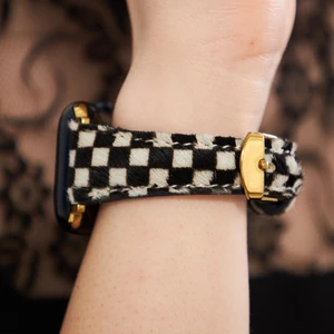 Apple Watch Uyumlu Kadın Deri Kordon 38mm 40mm 41mm Seri 4 5 6 7 8 9 Se 10 Siyah Beyaz Dama Desenli Deri Kordon Kadınlara Özel Deri Apple Watch Kordonu