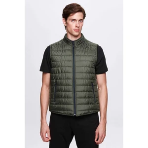 Regular Fit Haki Dik Yaka Elyaf Dolgulu Mevsimlik Fermuarlı Yelek Mont 7HF07ORT42611