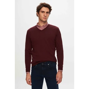 Regular Fit Bordo Düz V Yaka Triko Kazak 5HF06ORT12003