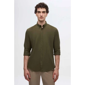 Slim Fit Haki Düğmeli Yaka %100 Pamuk Yazlık Flamlı Keten Görünümlü Gömlek 6HC02ORT63265