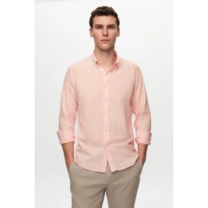 Slim Fit Pembe Düğmeli Yaka %100 Pamuk Yazlık Flamlı Keten Görünümlü Gömlek 6HC02ORT63265