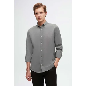 Slim Fit Antrasit Oxford Düğmeli Yaka Kolay Ütülenebilir Nakış Detaylı Pamuklu Gömlek 4HC02ORT03265