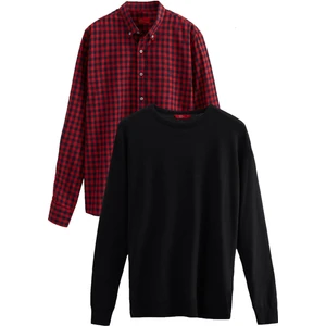 Ds Damat Slim Fit Kırmızı Pamuk Karışımlı 2'Li Bisiklet Yaka Triko Ve Gömlek 1HC0206EKBN01