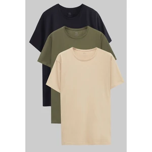 Ds Damat Slim Fit Lacivert/Haki/Bej 3'Lü T-Shirt 4HC14ORTBN533