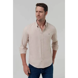 Slim Fit Bej Oxford Düğmeli Yaka Kolay Ütülenebilir Nakış Detaylı Pamuklu Gömlek 4HC02ORT03265