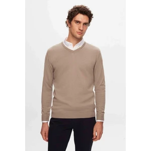 Regular Fit Bej Düz V Yaka Triko Kazak 5HF06ORT12003