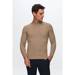 Slim Fit Bej Fitilli Pamuk Karışımlı Yarım Balıkçı Dar Kesim Vücudu Saran Triko Kazak 5HF06ORT64100