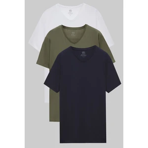 Ds Damat Slim Fit Beyaz/haki/lacivert 3'lü T-shirt 4HC14ORTBN55M